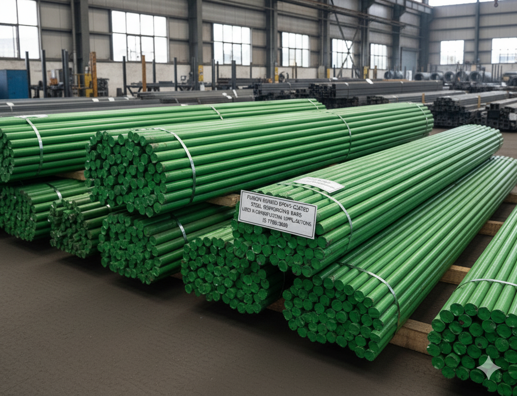 Fusion bonded epoxy-coated steel reinforcing bars used in construction and civil engineering applications.