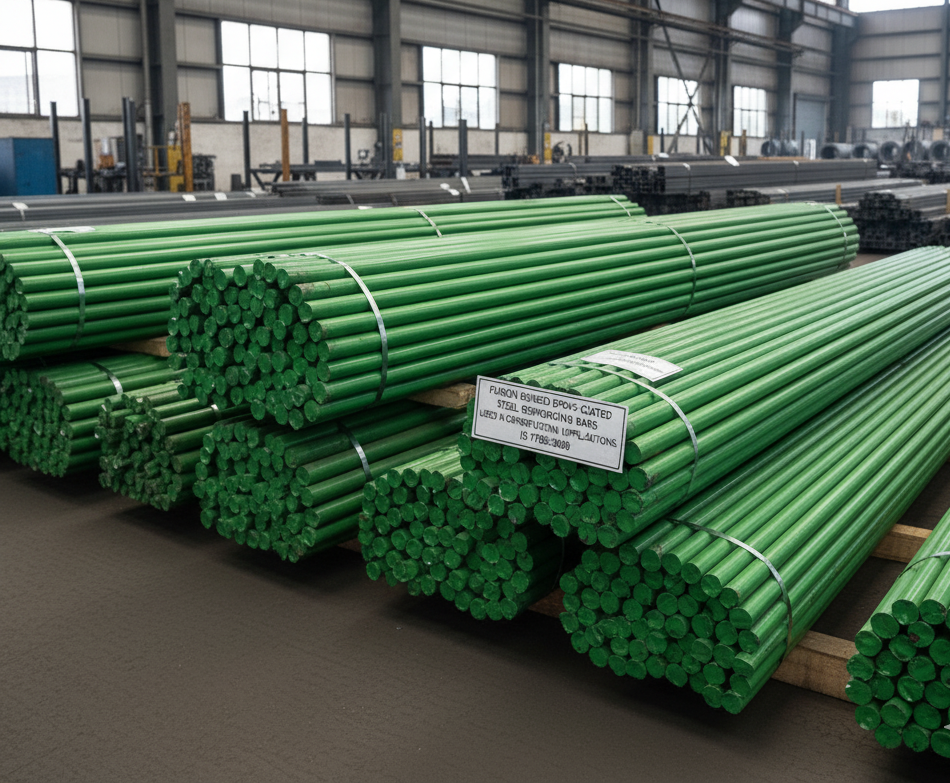 Fusion bonded epoxy-coated steel reinforcing bars used in construction and civil engineering applications.