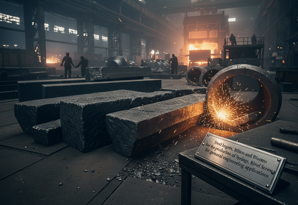 Steel ingots, billets and blooms for the production of springs, rivets and screws for general engineering applications